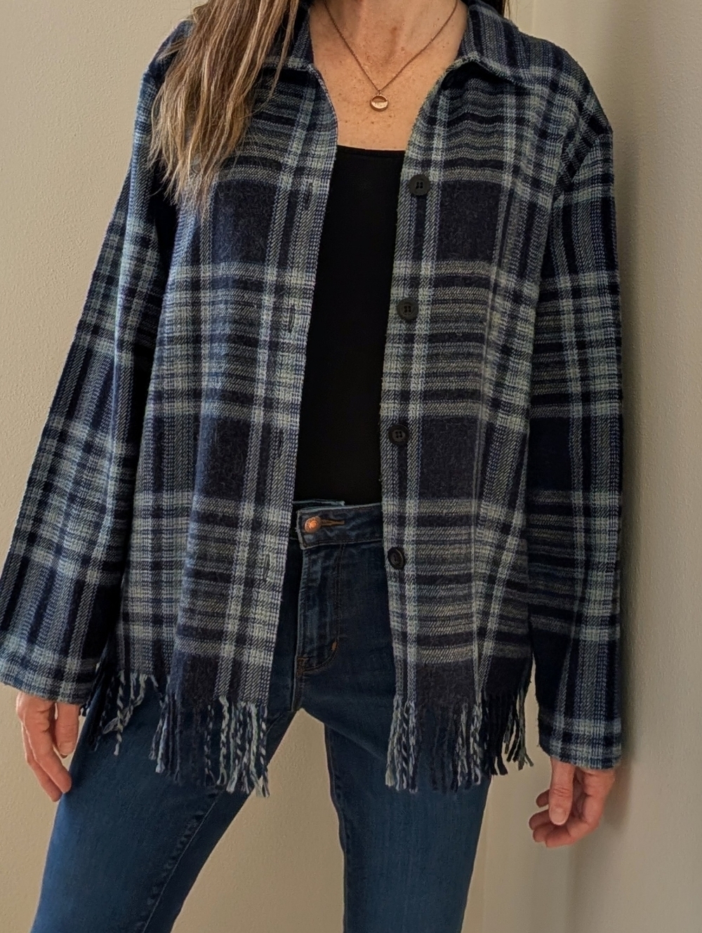 Vintage Plaid Collared Fringe Cardigan Jacket Sweater In Blue/Navy